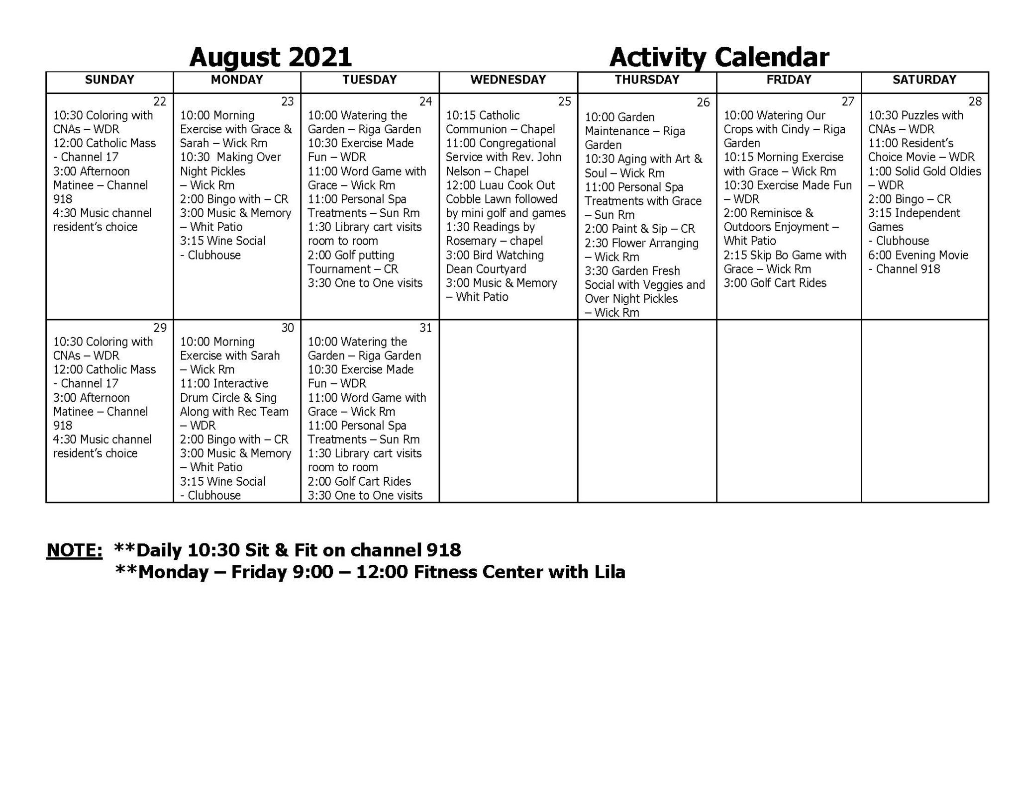 Resident Calendars - Noble Horizons